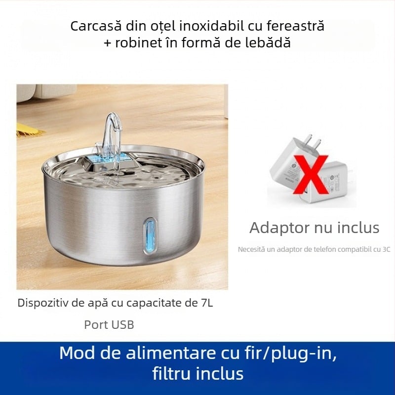 Dispenser de apă pentru pisici și câini, cu filtrare automată și circulație, din oțel inoxidabil, alimentare prin cablu
