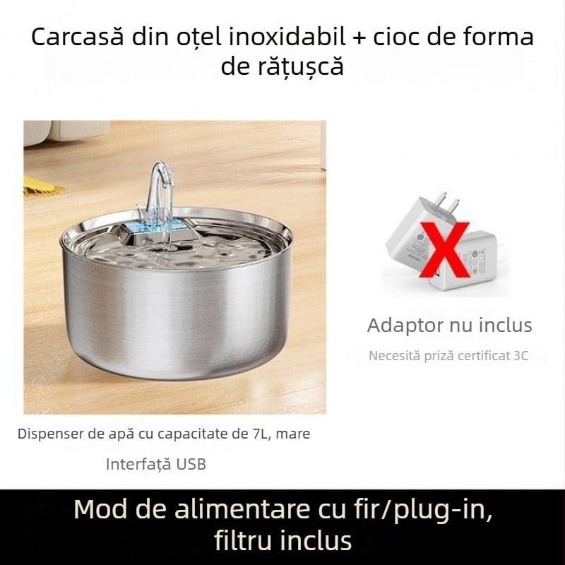 Dispenser de apă pentru pisici și câini, cu filtrare automată și circulație, din oțel inoxidabil, alimentare prin cablu