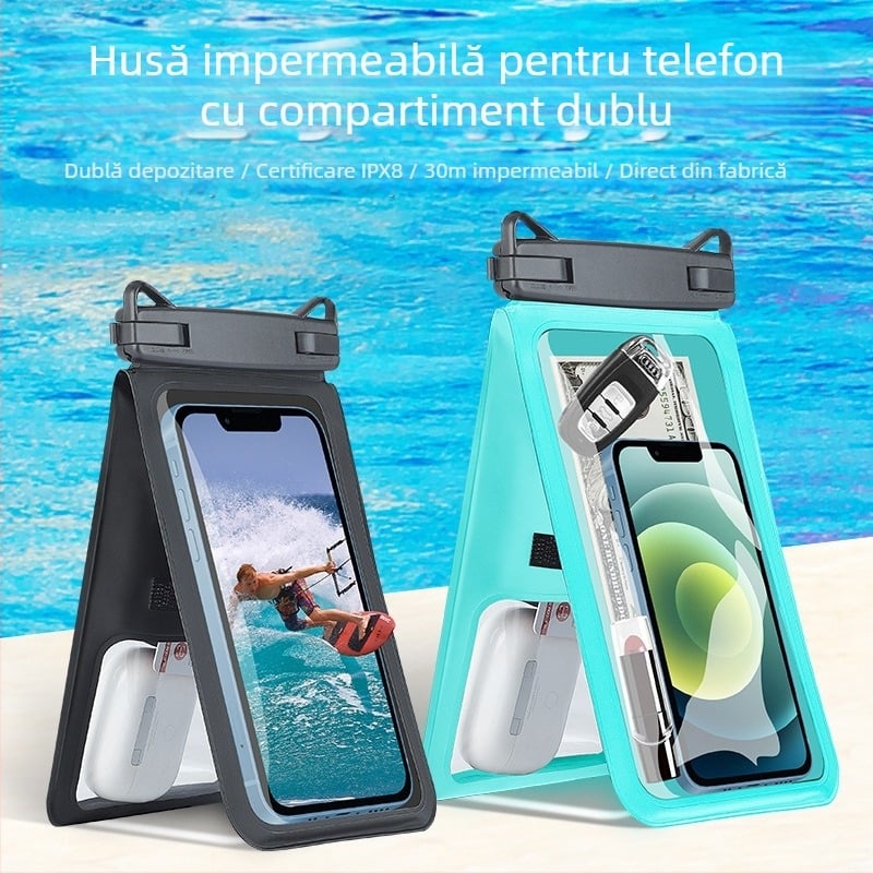 Husă impermeabilă pentru telefoane, pentru două dispozitive, potrivită pentru fotografiere sub apă și activități în aer liber