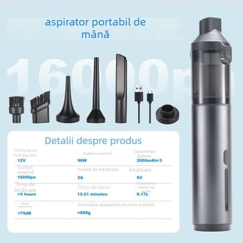 Aspirator auto 2 în 1 – portabil, fără fir, reîncărcabil, 96W, 36V, 16000 Pa presiune de aspirație