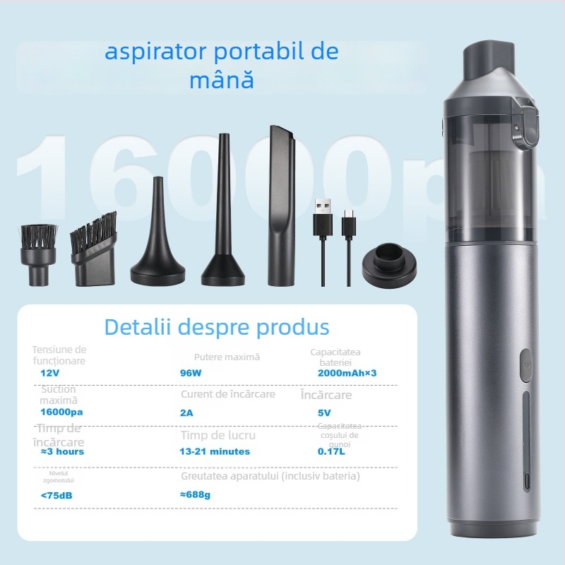 Aspirator auto 2 în 1 – portabil, fără fir, reîncărcabil, 96W, 36V, 16000 Pa presiune de aspirație