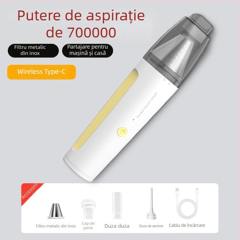 Aspirator portabil fără fir pentru mașină, 50W, aspirație 2100–3000 Pa, zgomot 36–45 dB, baterie încorporată 1000–1600 mAh, tip uscat, recipient de praf