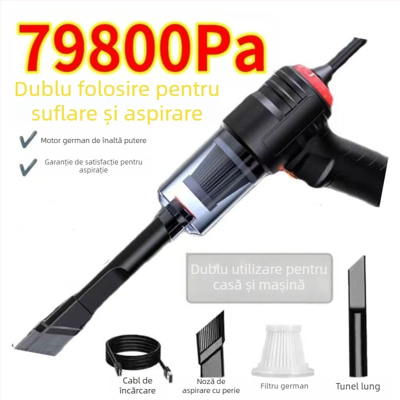 Aspirator de mână pentru mașină și casă, fără fir, reîncărcabil, 90W, aspirație 20000Pa, măsurare presiune pneuri