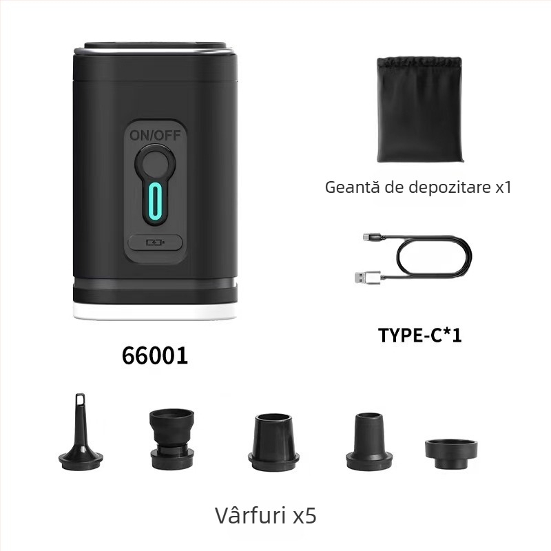 Pompa de aer portabilă pentru mașină, cu baterie litiu, 12V DC, flux 70 L/min, afișaj digital, autonomie peste 20 min