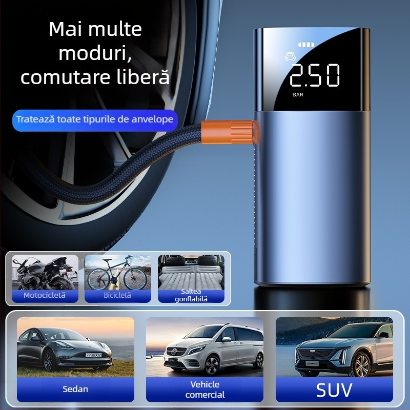Pompa de aer pentru mașină — Pompa portabilă electrică cu cilindru unic, afișaj digital, 120W, 25 L/min, 20+ minute de funcționare