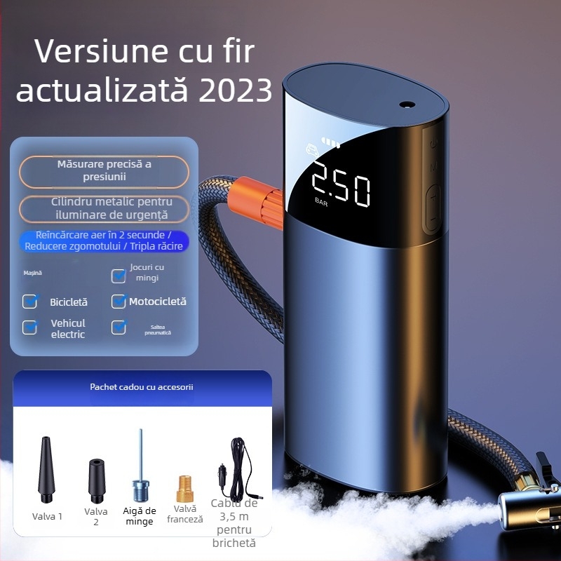Pompa de aer pentru mașină — Pompa portabilă electrică cu cilindru unic, afișaj digital, 120W, 25 L/min, 20+ minute de funcționare