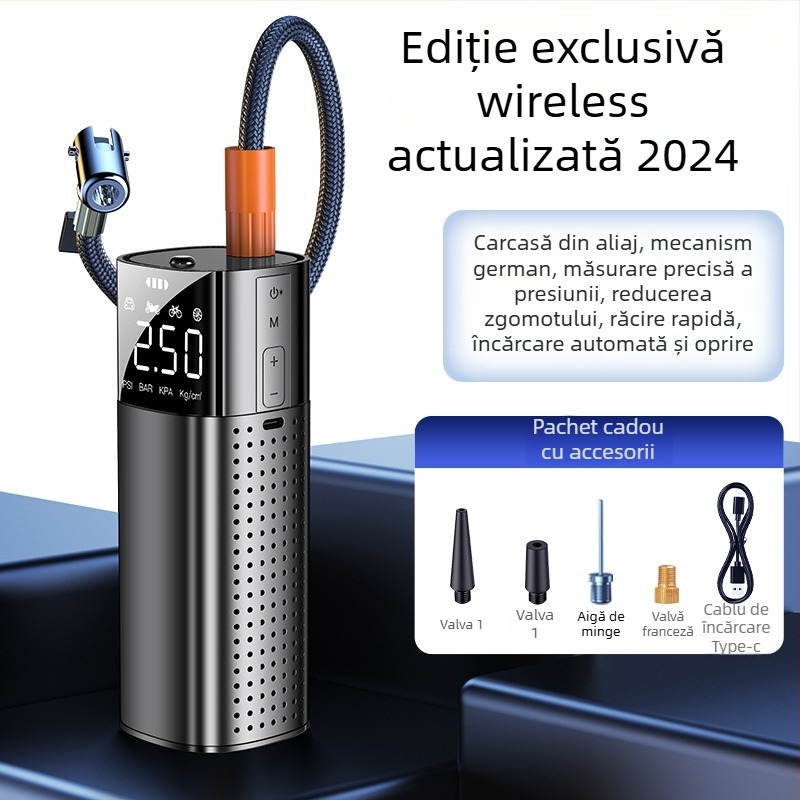 Pompa de aer pentru mașină — Pompa portabilă electrică cu cilindru unic, afișaj digital, 120W, 25 L/min, 20+ minute de funcționare