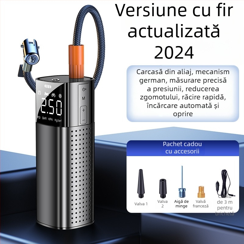 Pompa de aer pentru mașină — Pompa portabilă electrică cu cilindru unic, afișaj digital, 120W, 25 L/min, 20+ minute de funcționare