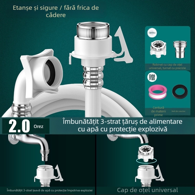 Extensie țevi alimentare mașină de spălat - Explosion-Proof; materiale: plastic, oțel inoxidabil, alamă; presiune nominală: 2; temperatură de funcționare: 80; montaj: pe perete; material conectare: plastic, oțel inoxidabil, alamă