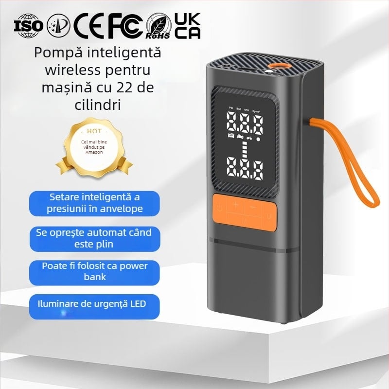 Pompa de aer pentru mașină, oprire automată la atingerea presiunii setate, monitorizarea presiunii în pneuri, iluminare, afișaj digital, încărcare USB