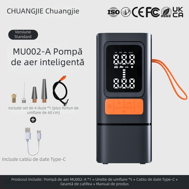 Pompa de aer pentru mașină, oprire automată la atingerea presiunii setate, monitorizarea presiunii în pneuri, iluminare, afișaj digital, încărcare USB