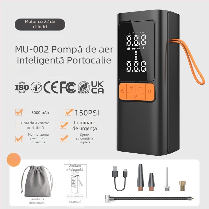 Pompa de aer pentru mașină, oprire automată la atingerea presiunii setate, monitorizarea presiunii în pneuri, iluminare, afișaj digital, încărcare USB