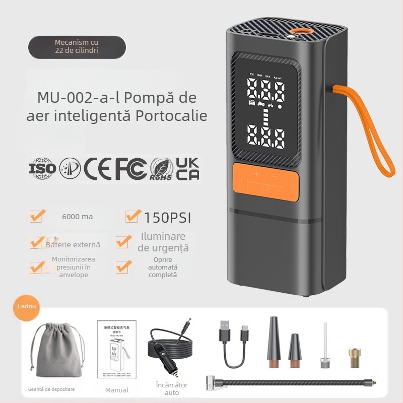 Pompa de aer pentru mașină, oprire automată la atingerea presiunii setate, monitorizarea presiunii în pneuri, iluminare, afișaj digital, încărcare USB