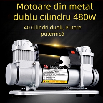 Pompă de aer auto cu două cilindri, 12V, 280W+, corp metal, furtun 5 m, manometru