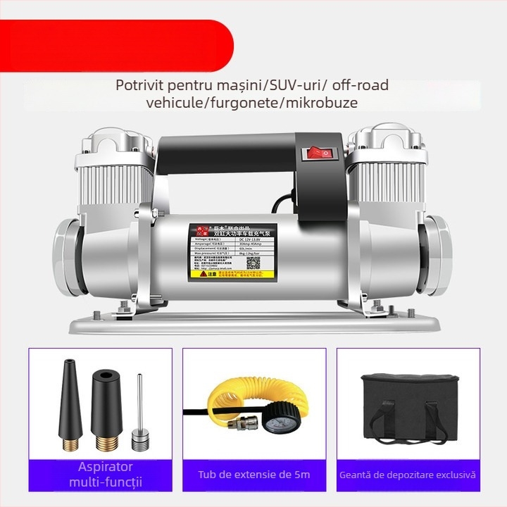 Pompă de aer auto cu două cilindri, 12V, 280W+, corp metal, furtun 5 m, manometru