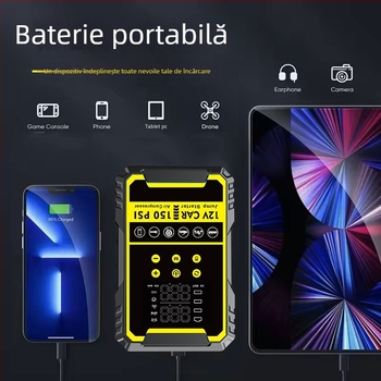 Starter auto cu pompă încorporată, baterie auto și power bank all-in-one, compresor digital pentru pneuri, CE certificat, intrare 5/9V, ieșire 5V