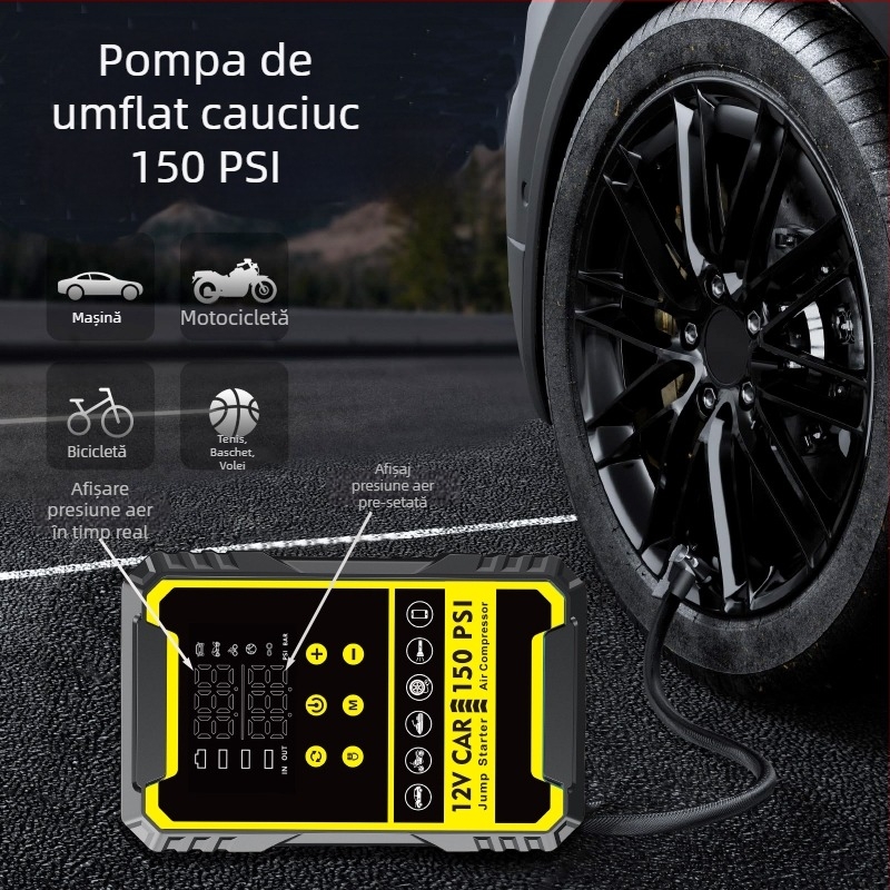 Starter auto cu pompă încorporată, baterie auto și power bank all-in-one, compresor digital pentru pneuri, CE certificat, intrare 5/9V, ieșire 5V