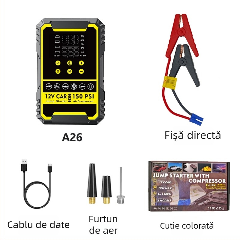 Starter auto cu pompă încorporată, baterie auto și power bank all-in-one, compresor digital pentru pneuri, CE certificat, intrare 5/9V, ieșire 5V