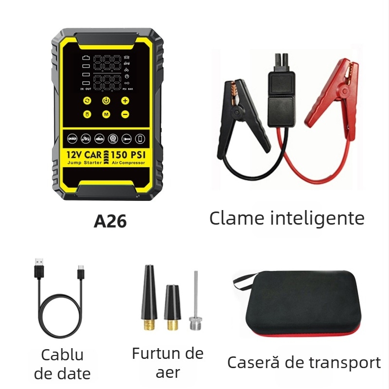 Starter auto cu pompă încorporată, baterie auto și power bank all-in-one, compresor digital pentru pneuri, CE certificat, intrare 5/9V, ieșire 5V