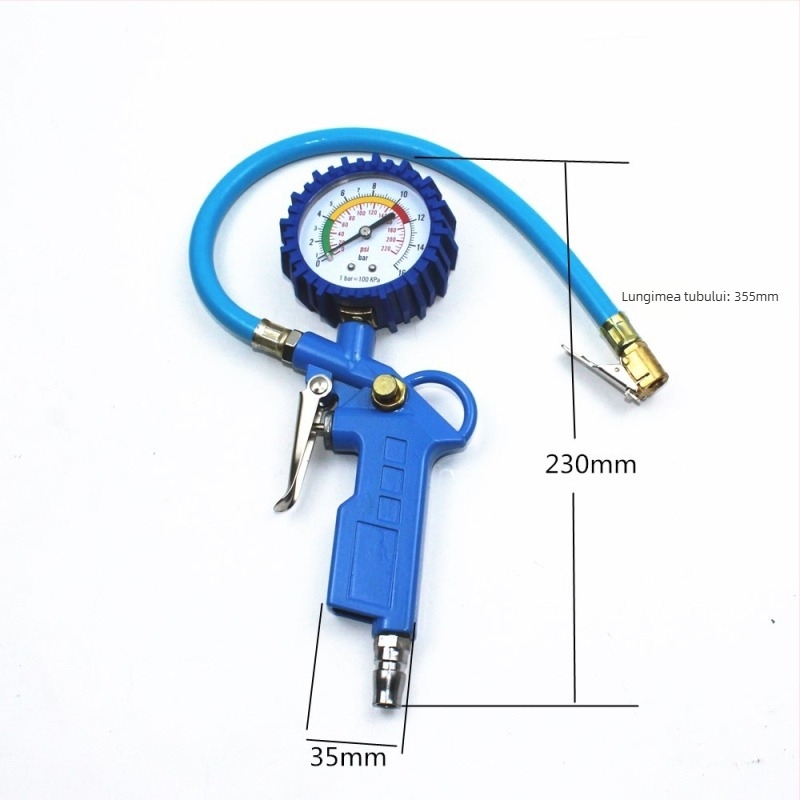 Pistol de presiune pentru pneuri auto cu manometru și instrument de umflare