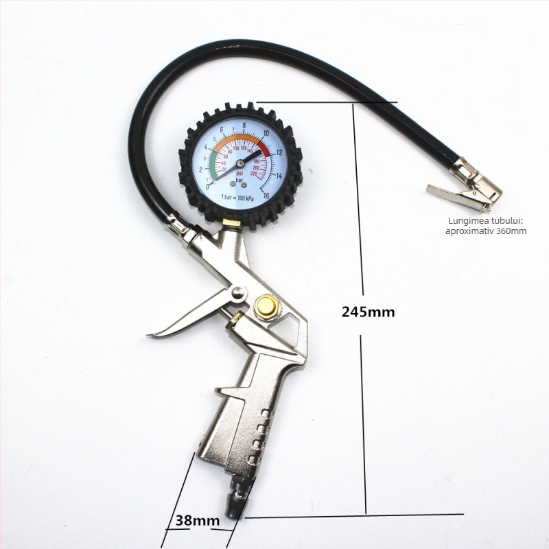Pistol de presiune pentru pneuri auto cu manometru și instrument de umflare