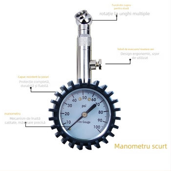 Manometru pentru presiunea anvelopelor CY-6236, interval 0-100 PSI, afișaj PSI, corp ABS