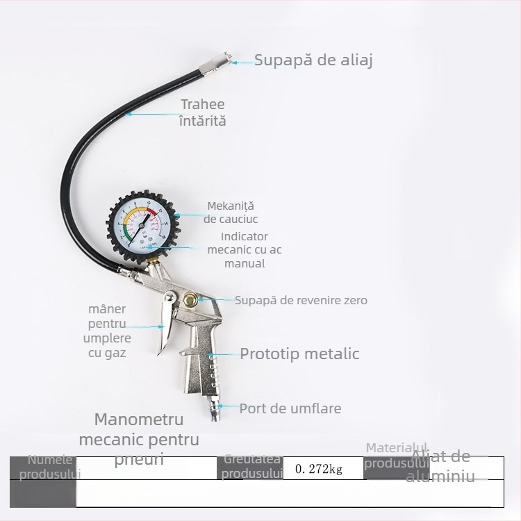 Manometru pentru pneuri cu pistol de umflare, înaltă precizie, aliaj de zinc, precizie 0,3 bar, citire în bar