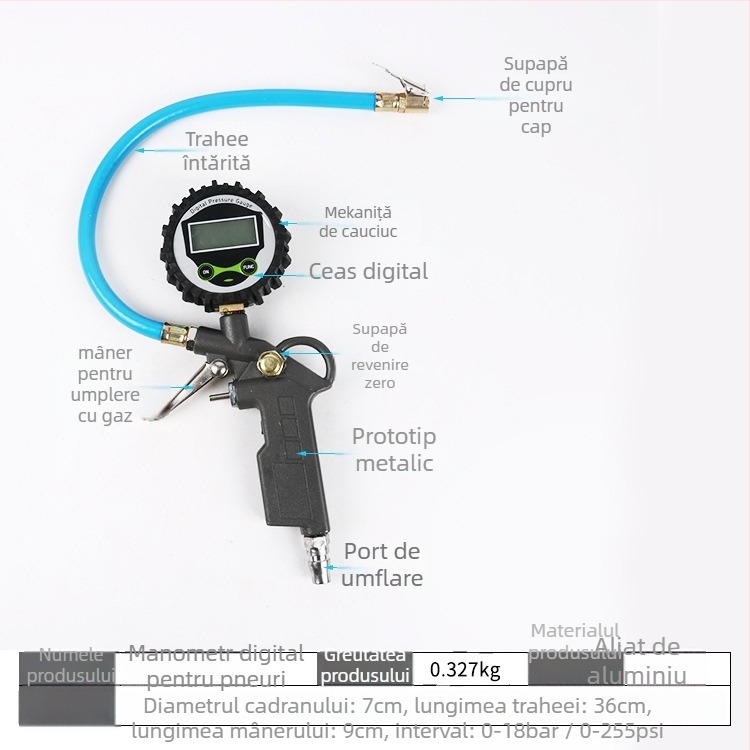 Manometru pentru pneuri cu pistol de umflare, înaltă precizie, aliaj de zinc, precizie 0,3 bar, citire în bar