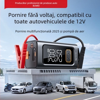 Pornire de urgență pentru mașină cu pompă de aer încorporată, dispozitiv all-in-one cu afișaj dual, 12V 80W baterie litiu, afișaj digital, flux de aer 25 L/min, funcționare 5–20 min