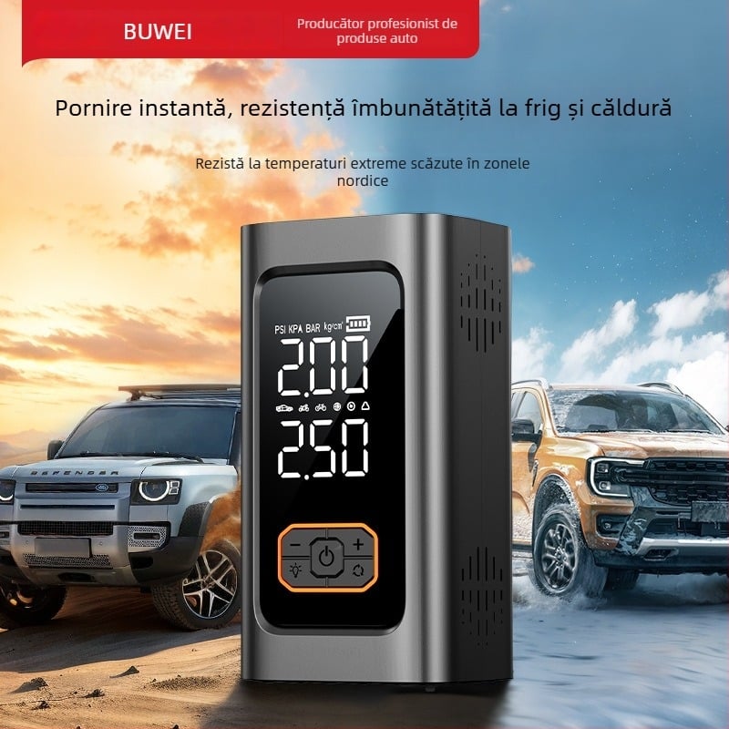 Pornire de urgență pentru mașină cu pompă de aer încorporată, dispozitiv all-in-one cu afișaj dual, 12V 80W baterie litiu, afișaj digital, flux de aer 25 L/min, funcționare 5–20 min