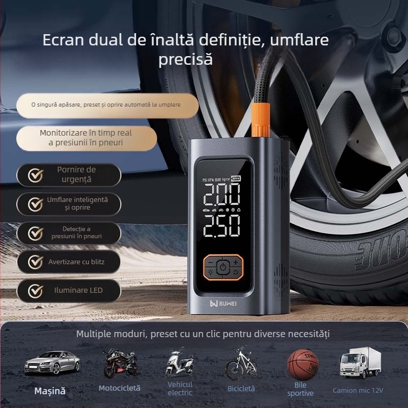 Pornire de urgență pentru mașină cu pompă de aer încorporată, dispozitiv all-in-one cu afișaj dual, 12V 80W baterie litiu, afișaj digital, flux de aer 25 L/min, funcționare 5–20 min