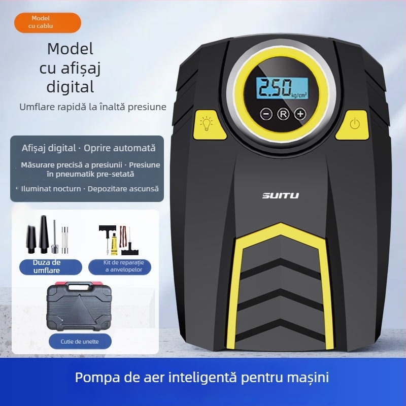 Pompa de aer auto pentru anvelope cu afișaj digital și manometru, 12V, 120W, 25 L/min