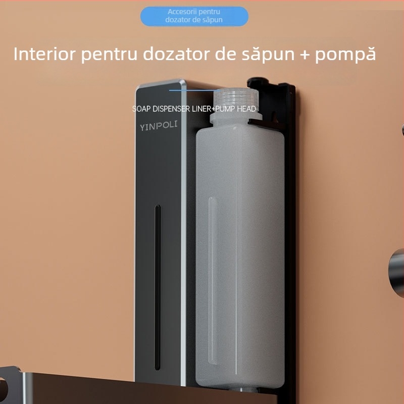 Dispenser de săpun pentru baie, corp din plastic, acționare prin apăsare manuală, stil modern minimalist, finisaj oxidat