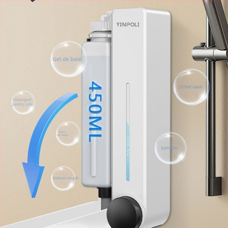 Dispenser de săpun pentru baie, corp din plastic, acționare prin apăsare manuală, stil modern minimalist, finisaj oxidat