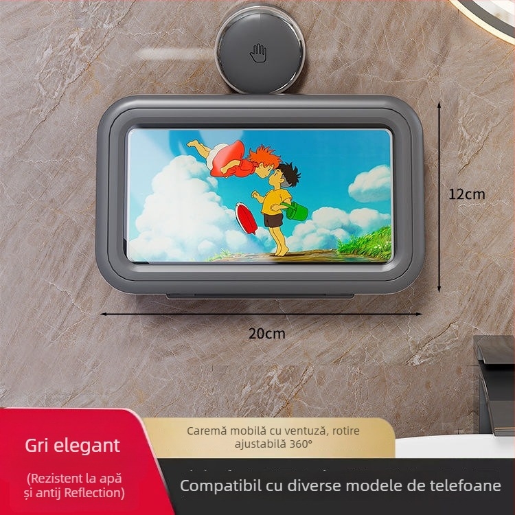 Suport telefon cu ventuză pentru baie, husă impermeabilă din plastic, montat pe perete, etaj unic