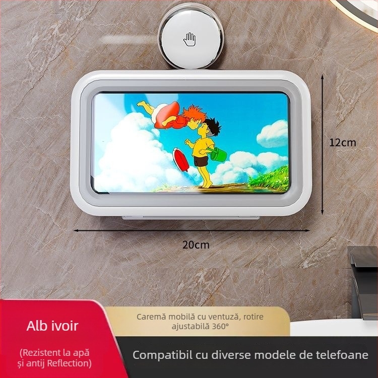 Suport telefon cu ventuză pentru baie, husă impermeabilă din plastic, montat pe perete, etaj unic