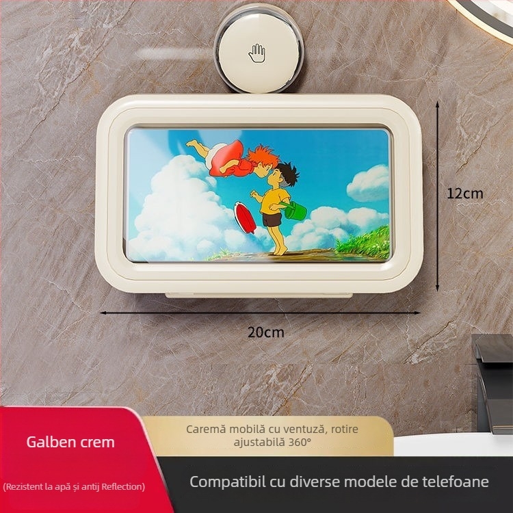 Suport telefon cu ventuză pentru baie, husă impermeabilă din plastic, montat pe perete, etaj unic
