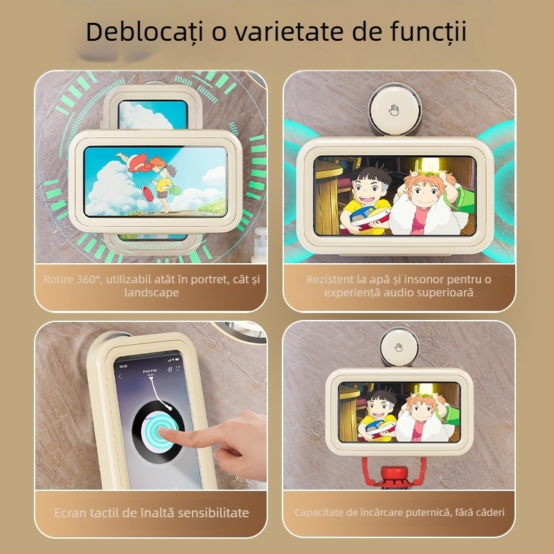 Suport telefon cu ventuză pentru baie, husă impermeabilă din plastic, montat pe perete, etaj unic