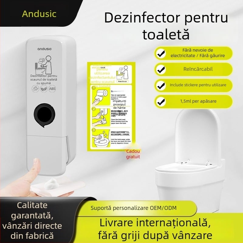 Dispenser de spumă dezinfectant pentru toaletă, montat pe perete, acționare manuală, ABS material, greutate 0,5 kg