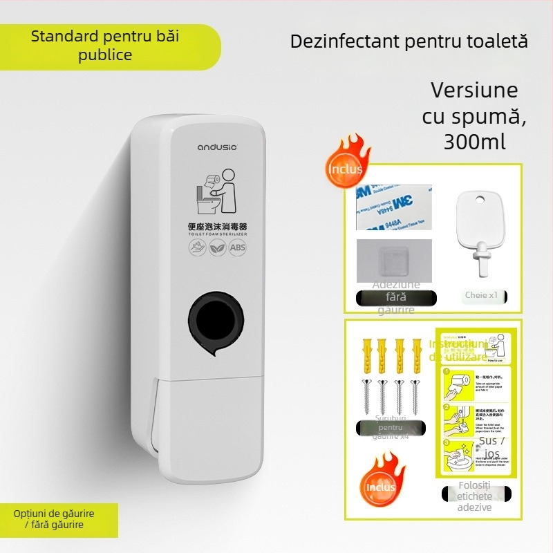 Dispenser de spumă dezinfectant pentru toaletă, montat pe perete, acționare manuală, ABS material, greutate 0,5 kg