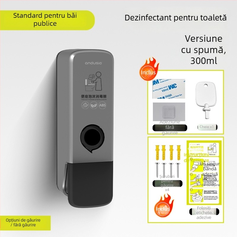 Dispenser de spumă dezinfectant pentru toaletă, montat pe perete, acționare manuală, ABS material, greutate 0,5 kg