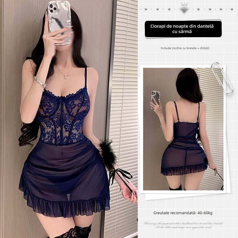 Set lenjerie sexy din dantelă, pijamă transparentă cu bretele și inel metalic, poliester
