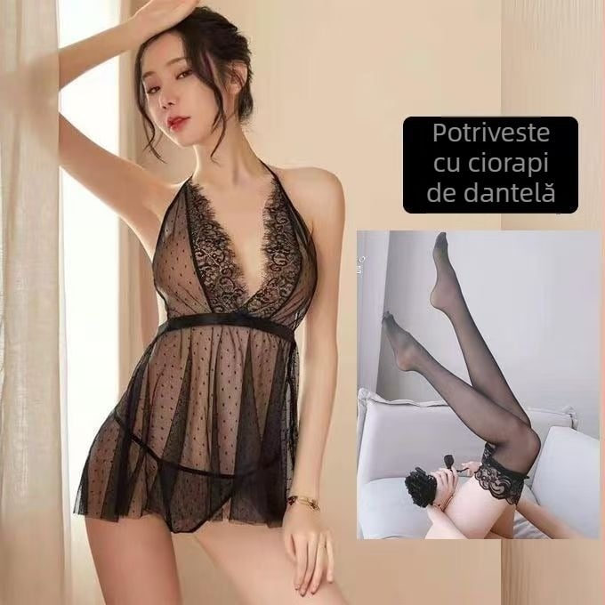 Rochie de noapte din dantelă sexy, cu plasă transparentă și design halter pentru femei (80–90% poliester)