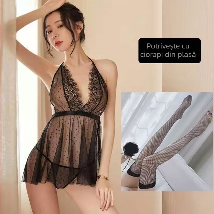 Rochie de noapte din dantelă sexy, cu plasă transparentă și design halter pentru femei (80–90% poliester)