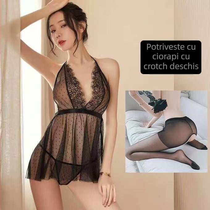 Rochie de noapte din dantelă sexy, cu plasă transparentă și design halter pentru femei (80–90% poliester)