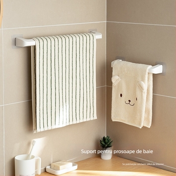 Suport de prosoape pentru baie cu un singur braț — montaj instant, fără găuri, rezistent la umezeală și ruginire, din plastic, stil modern minimalist.