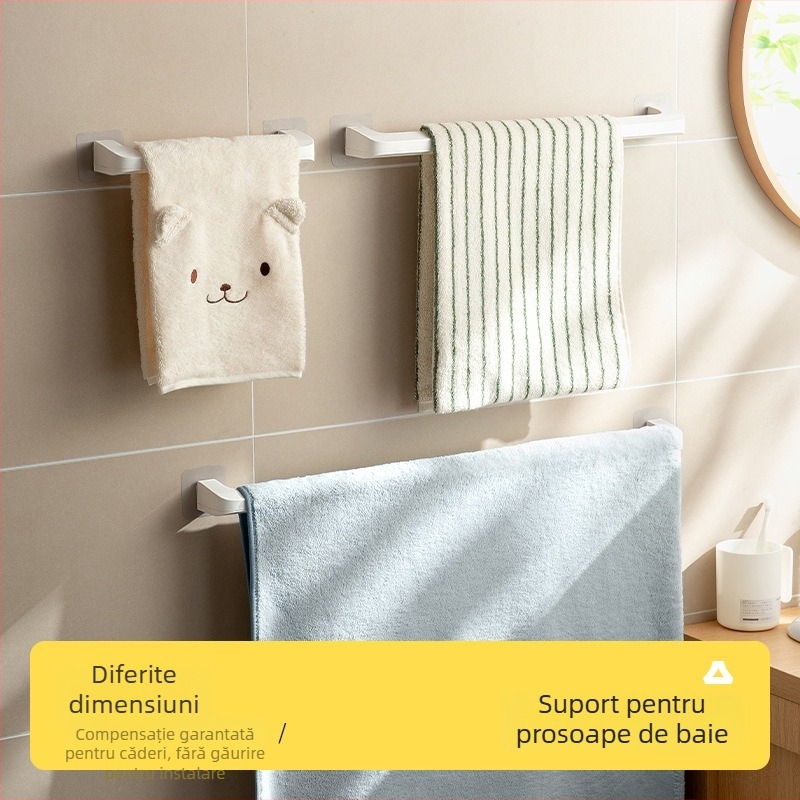Suport de prosoape pentru baie cu un singur braț — montaj instant, fără găuri, rezistent la umezeală și ruginire, din plastic, stil modern minimalist.