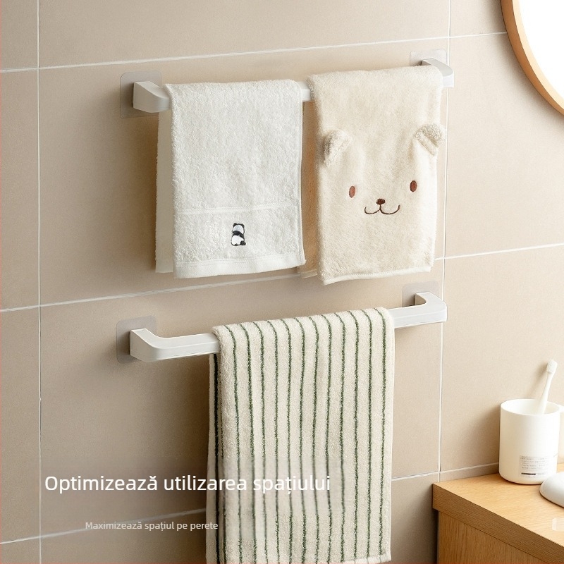 Suport de prosoape pentru baie cu un singur braț — montaj instant, fără găuri, rezistent la umezeală și ruginire, din plastic, stil modern minimalist.