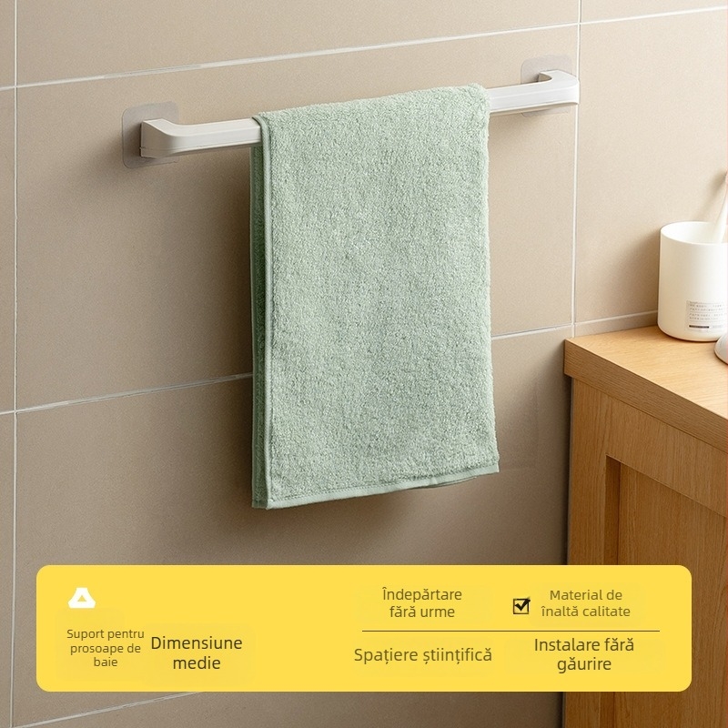 Suport de prosoape pentru baie cu un singur braț — montaj instant, fără găuri, rezistent la umezeală și ruginire, din plastic, stil modern minimalist.