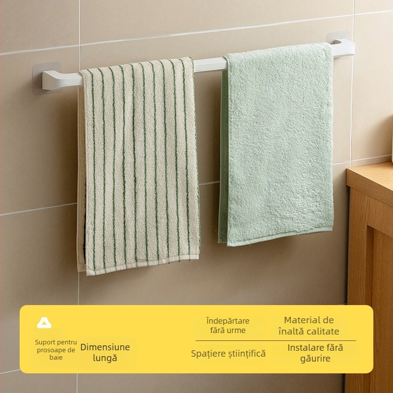 Suport de prosoape pentru baie cu un singur braț — montaj instant, fără găuri, rezistent la umezeală și ruginire, din plastic, stil modern minimalist.